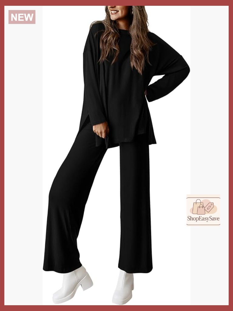 Two Piece Lounge Set Long Sleeve Top Wide Leg Pants Tracksuit Fall Outfit